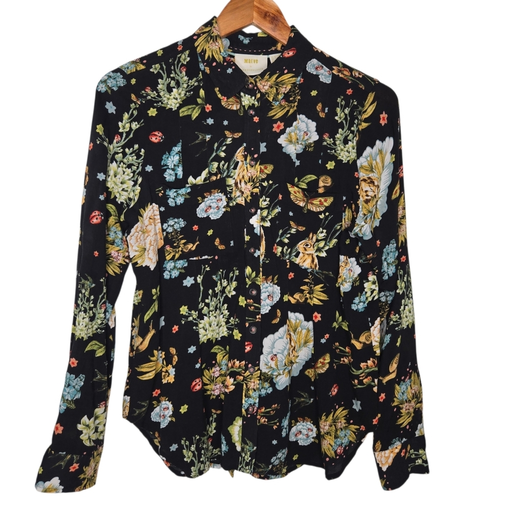 Maeve Black Floral Button-Up Blouse with Pastel Blooms